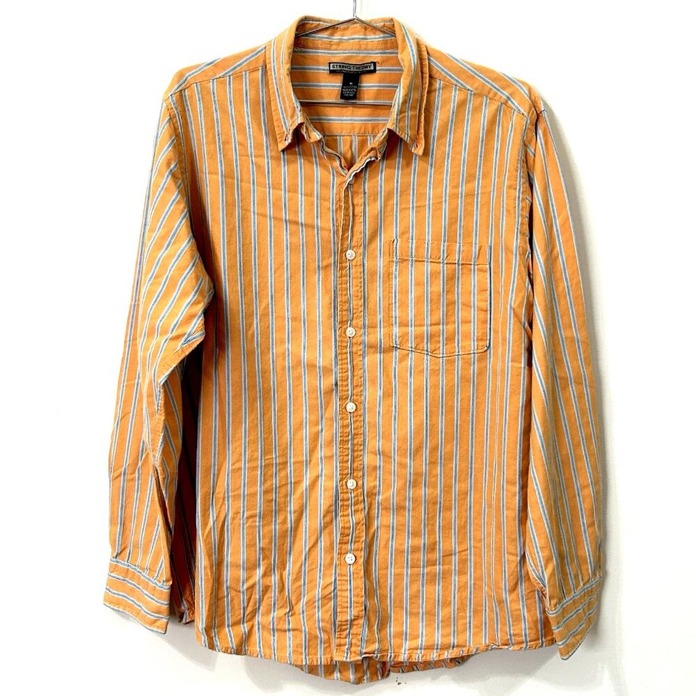 STRING THEORY Shirt M Mens Orange Blue White Stripe Cotton Button Down LS